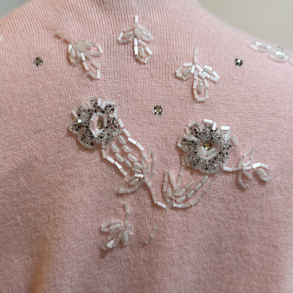Jane Irwill Vintage Floral Pink Beaded Swarovski Faux Pearl Button Soft Cardigan - Picture 8 of 17